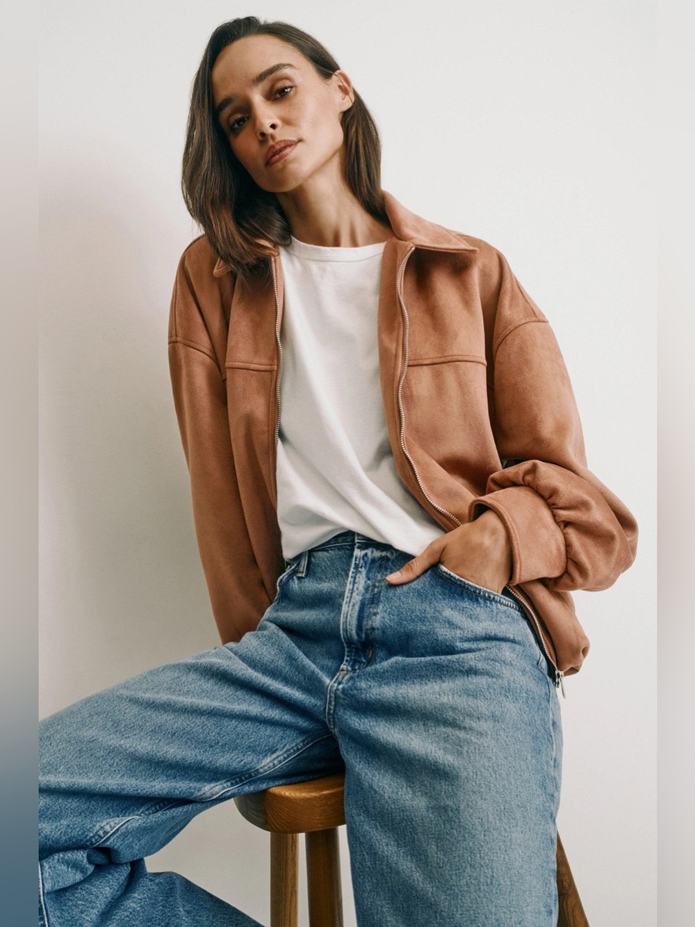 WeWoreWhat Suede Bomber Jacket - Tan Brown